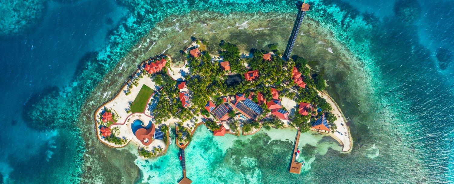 Aerial photo of Ray Caye private island resort in Belize